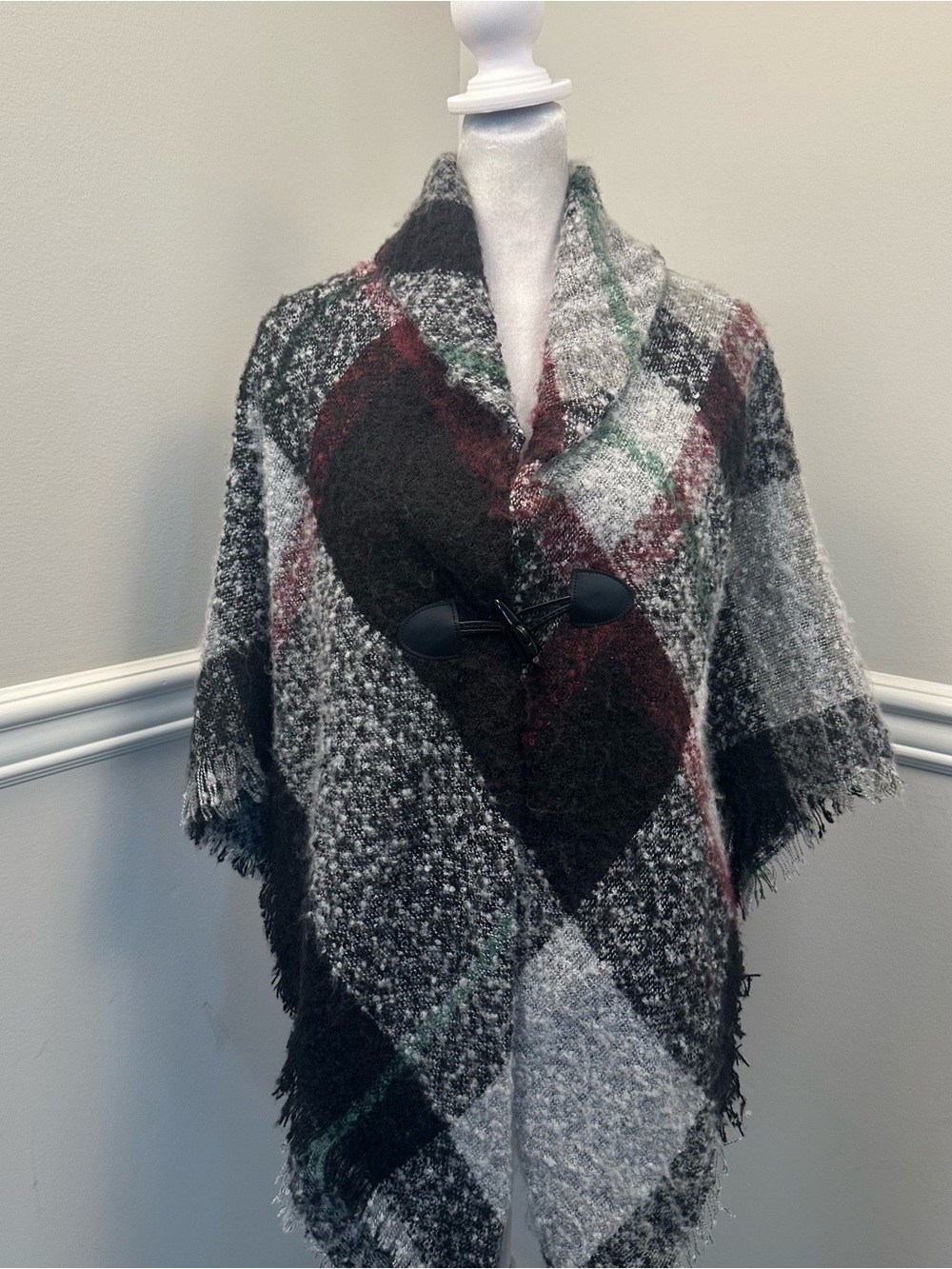 Altare Plaid Shawl Poncho in Black, Gray & Burgundy O/S